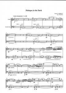 A sheet music sample of Dialogues in the Dark for Double Bass and Violin